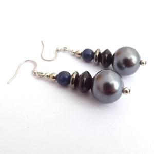 Chunky Grey, Blue & Black Handmade Bead Earrings