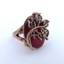 Load image into Gallery viewer, Chunky Red &amp; Gold Ring with Leaf Decoration with Faux Diamonds  (size 10)
