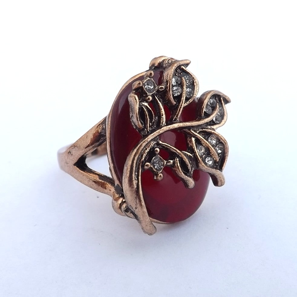 Chunky Red & Gold Ring with Leaf Decoration with Faux Diamonds  (size 10)
