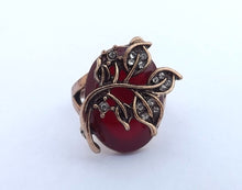 Load image into Gallery viewer, Chunky Red &amp; Gold Ring with Leaf Decoration with Faux Diamonds  (size 10)
