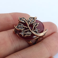 Load image into Gallery viewer, Chunky Red &amp; Gold Ring with Leaf Decoration with Faux Diamonds  (size 10)

