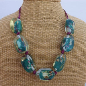 Chunky Teal & Purple Floral Acrylic Bead Necklace