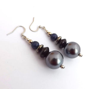 Chunky Grey, Blue & Black Handmade Bead Earrings