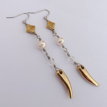 Load image into Gallery viewer, Clear Bead, Freshwater Pearl &amp; Gold Tone Charms Long Handmade Drop Earrings
