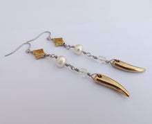 Load image into Gallery viewer, Clear Bead, Freshwater Pearl &amp; Gold Tone Charms Long Handmade Drop Earrings

