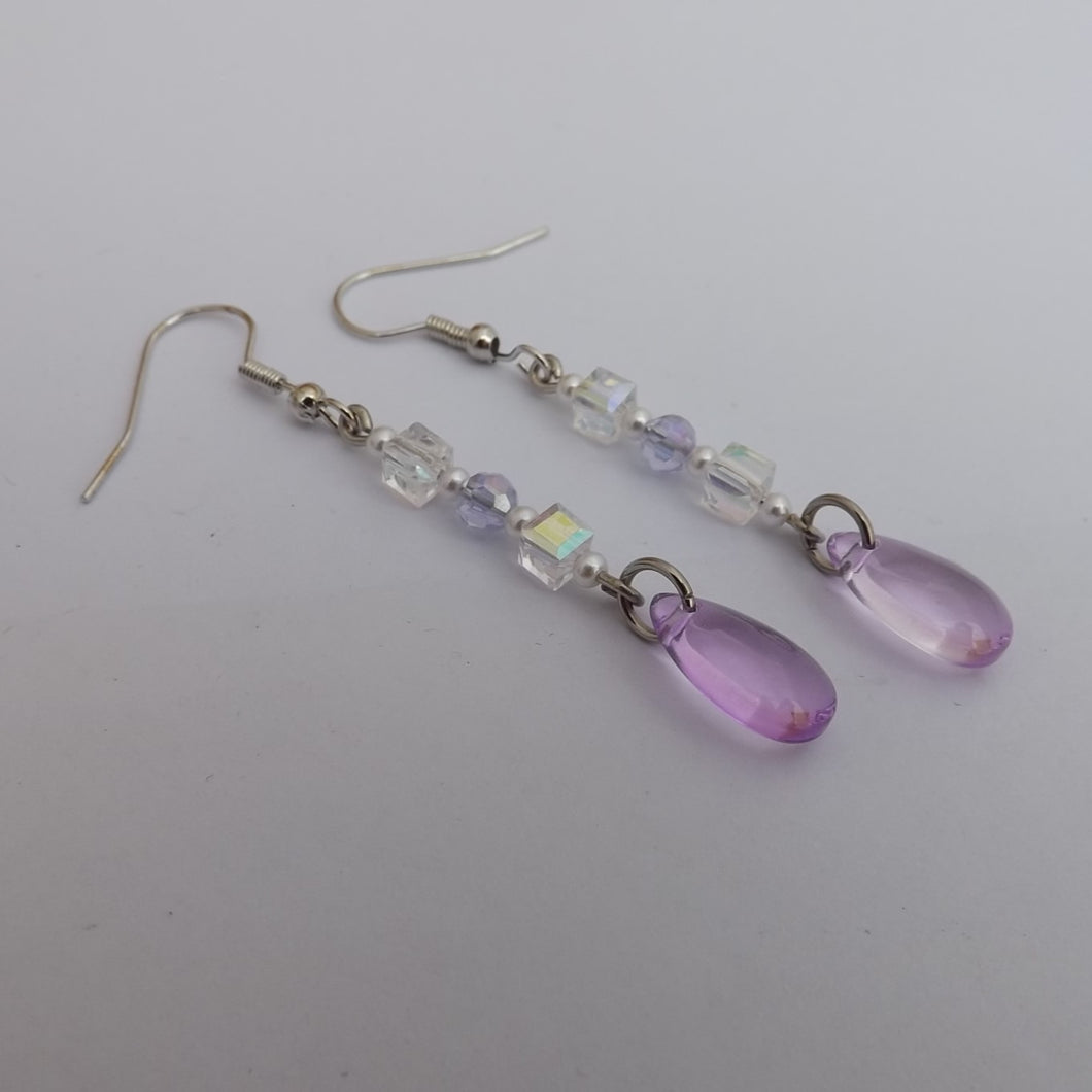 Clear Bead & Purple Teardrop Handmade Wire Wrapped Bead Earrings