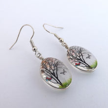 Load image into Gallery viewer, Clear Glass Oval Drop Earrings with Pink Tree &amp; Butterflies Inside
