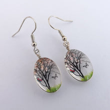 Load image into Gallery viewer, Clear Glass Oval Drop Earrings with Pink Tree &amp; Butterflies Inside
