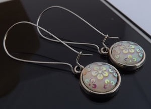 Clear Lustre Floral Dome Earrings, Long Kidney Hooks