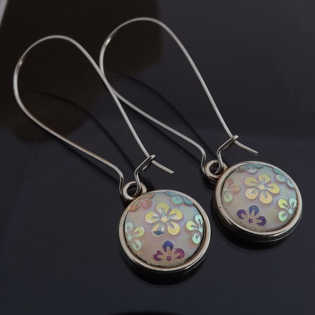 Clear Lustre Floral Dome Earrings, Long Kidney Hooks