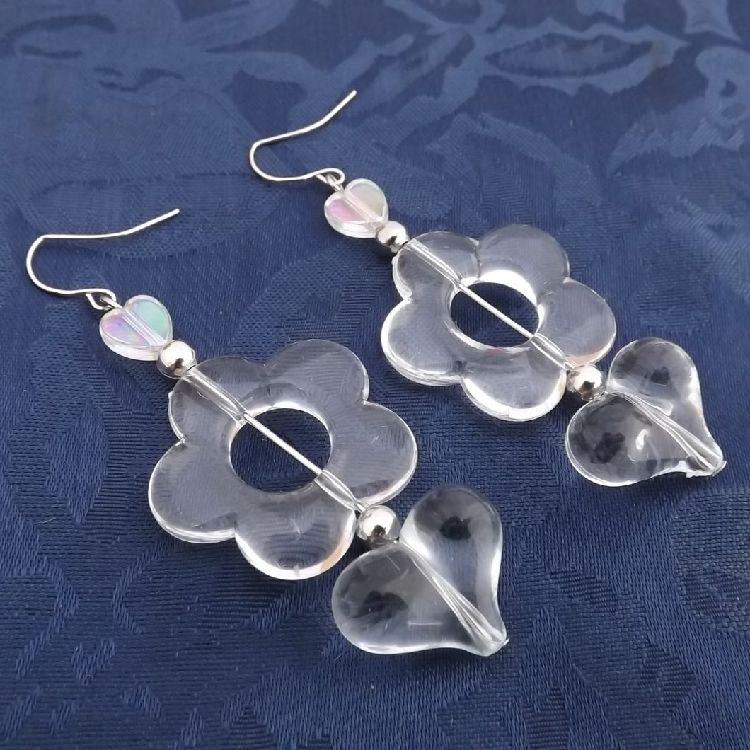 Clear Acrylic Flower & Heart Handmade Acrylic Bead Earrings