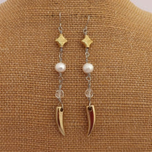 Load image into Gallery viewer, Clear Bead, Freshwater Pearl &amp; Gold Tone Charms Long Handmade Drop Earrings
