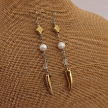 Load image into Gallery viewer, Clear Bead, Freshwater Pearl &amp; Gold Tone Charms Long Handmade Drop Earrings
