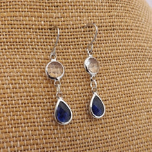 Load image into Gallery viewer, Clear &amp; Dark Blue, Silver Tone Drop Earrings
