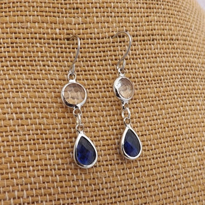 Clear & Dark Blue, Silver Tone Drop Earrings