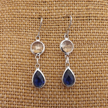 Load image into Gallery viewer, Clear &amp; Dark Blue, Silver Tone Drop Earrings
