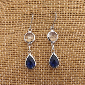 Clear & Dark Blue, Silver Tone Drop Earrings