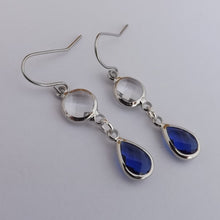 Load image into Gallery viewer, Clear &amp; Dark Blue, Silver Tone Drop Earrings
