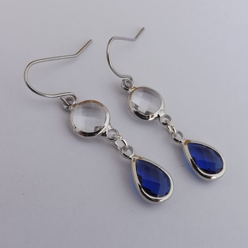 Clear & Dark Blue, Silver Tone Drop Earrings