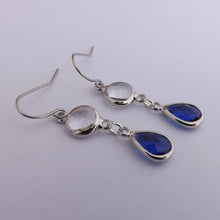 Load image into Gallery viewer, Clear &amp; Dark Blue, Silver Tone Drop Earrings
