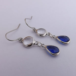 Clear & Dark Blue, Silver Tone Drop Earrings