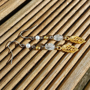 Clear & Gold Tone Leaves Handmade Chain Link Bead Drop Earrings