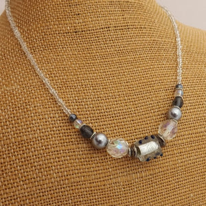 Clear & Grey Lamp Work Handmade Bead Necklace