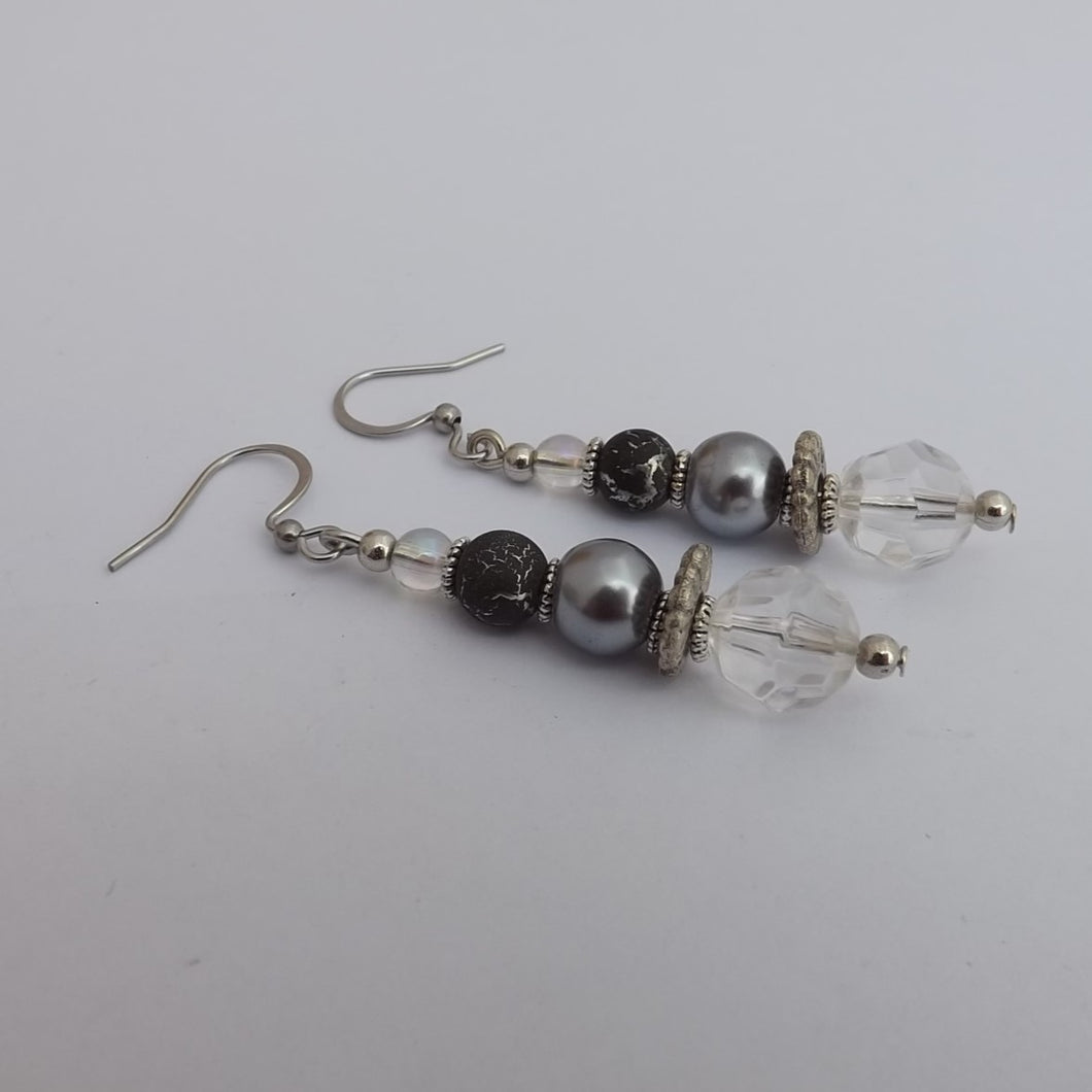 Clear, Grey & Silver Handmade Bead Earring