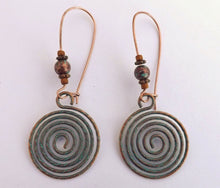 Load image into Gallery viewer, Copper Tone Spiral Earrings on Long Kidney Hooks

