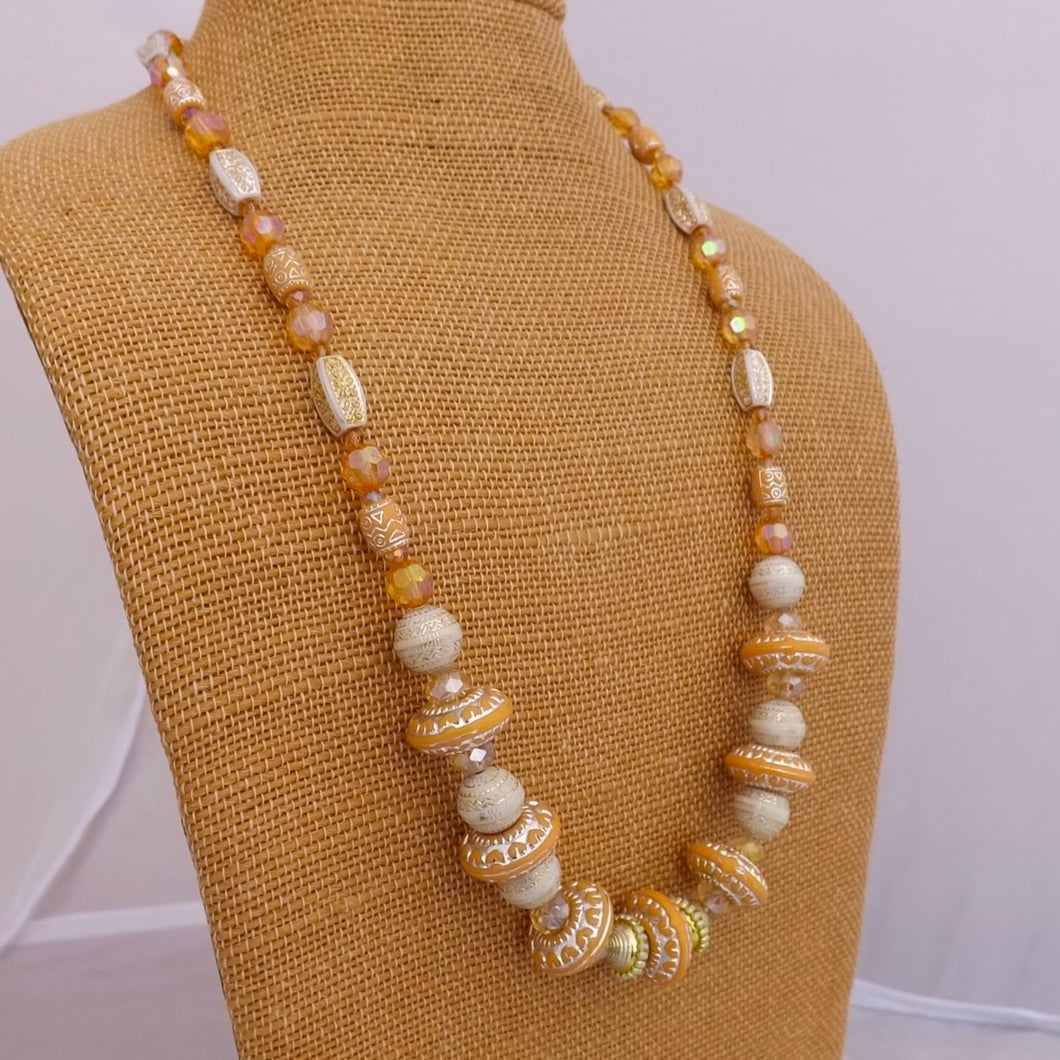 Cream & Gold Acrylic & Glass Handmade Bead Necklace