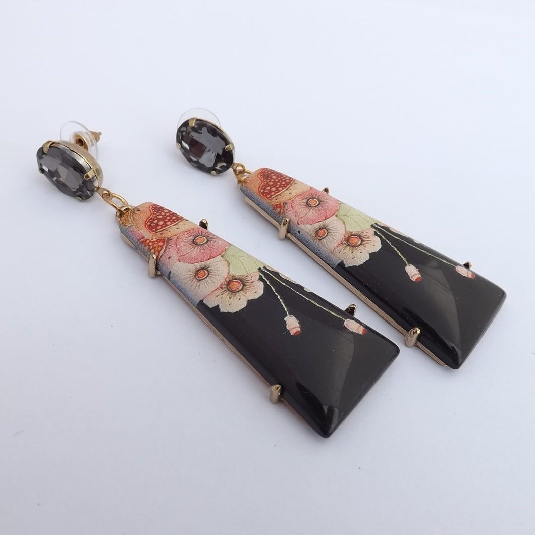 Black & Pink Floral Long Drop Earrings