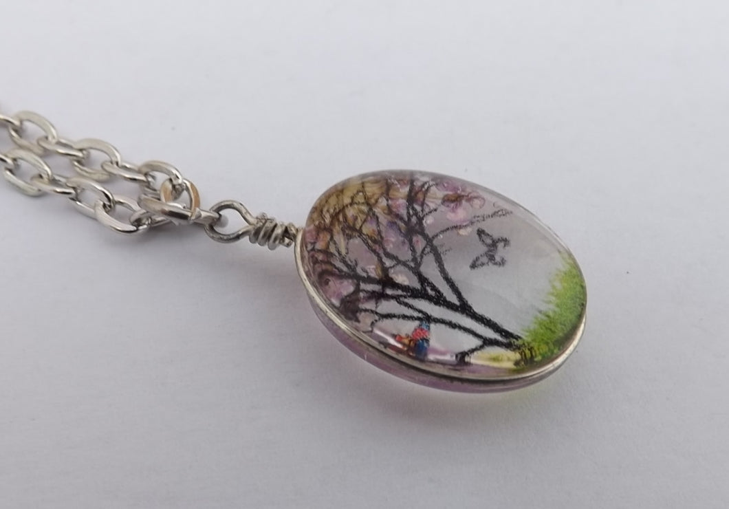 Pink Tree in Glass Pendant Necklace