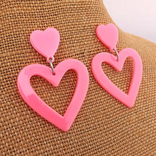 Load image into Gallery viewer, Fluorescent Pink Acrylic Heart Drop Earrings on Stud Setting
