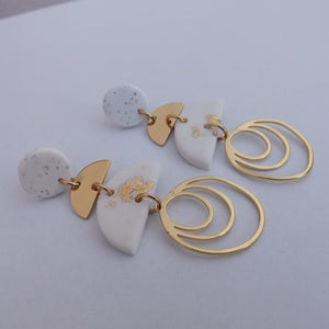 White & Gold Leaf Polymer & Metal Stud Drop Earrings