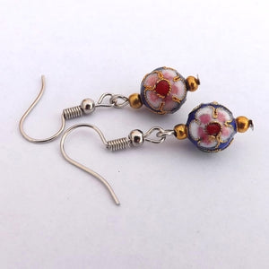 Dark Blue Cloisonné Flower Handmade Bead Earrings