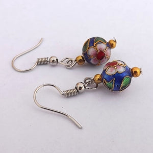 Dark Blue Cloisonné Flower Handmade Bead Earrings