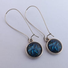 Load image into Gallery viewer, Dark Blue Leaves Dome Earrings on Long Kidney Hooks
