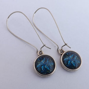 Dark Blue Leaves Dome Earrings on Long Kidney Hooks