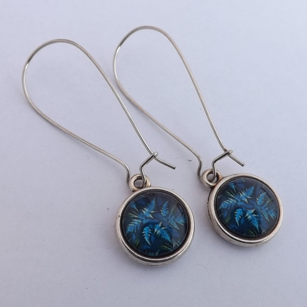 Dark Blue Leaves Dome Earrings on Long Kidney Hooks