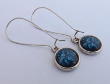 Load image into Gallery viewer, Dark Blue Leaves Dome Earrings on Long Kidney Hooks
