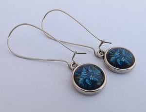 Dark Blue Leaves Dome Earrings on Long Kidney Hooks