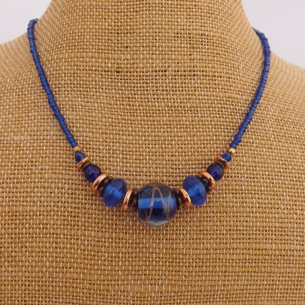 Dark Blue & Copper Handmade Bead Necklace