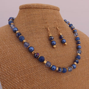 Dark Blue & Gold Tone Handmade Bead Necklace & Earrings Set