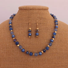 Load image into Gallery viewer, Dark Blue &amp; Gold Tone Handmade Bead Necklace &amp; Earrings Set
