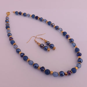 Dark Blue & Gold Tone Handmade Bead Necklace & Earrings Set