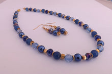 Load image into Gallery viewer, Dark Blue &amp; Gold Tone Handmade Bead Necklace &amp; Earrings Set
