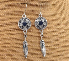 Load image into Gallery viewer, Dark Blue, Grey &amp; Silver Tone Flower &amp; Feather Drop Earrings
