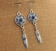 Load image into Gallery viewer, Dark Blue, Grey &amp; Silver Tone Flower &amp; Feather Drop Earrings
