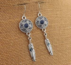 Dark Blue, Grey & Silver Tone Flower & Feather Drop Earrings