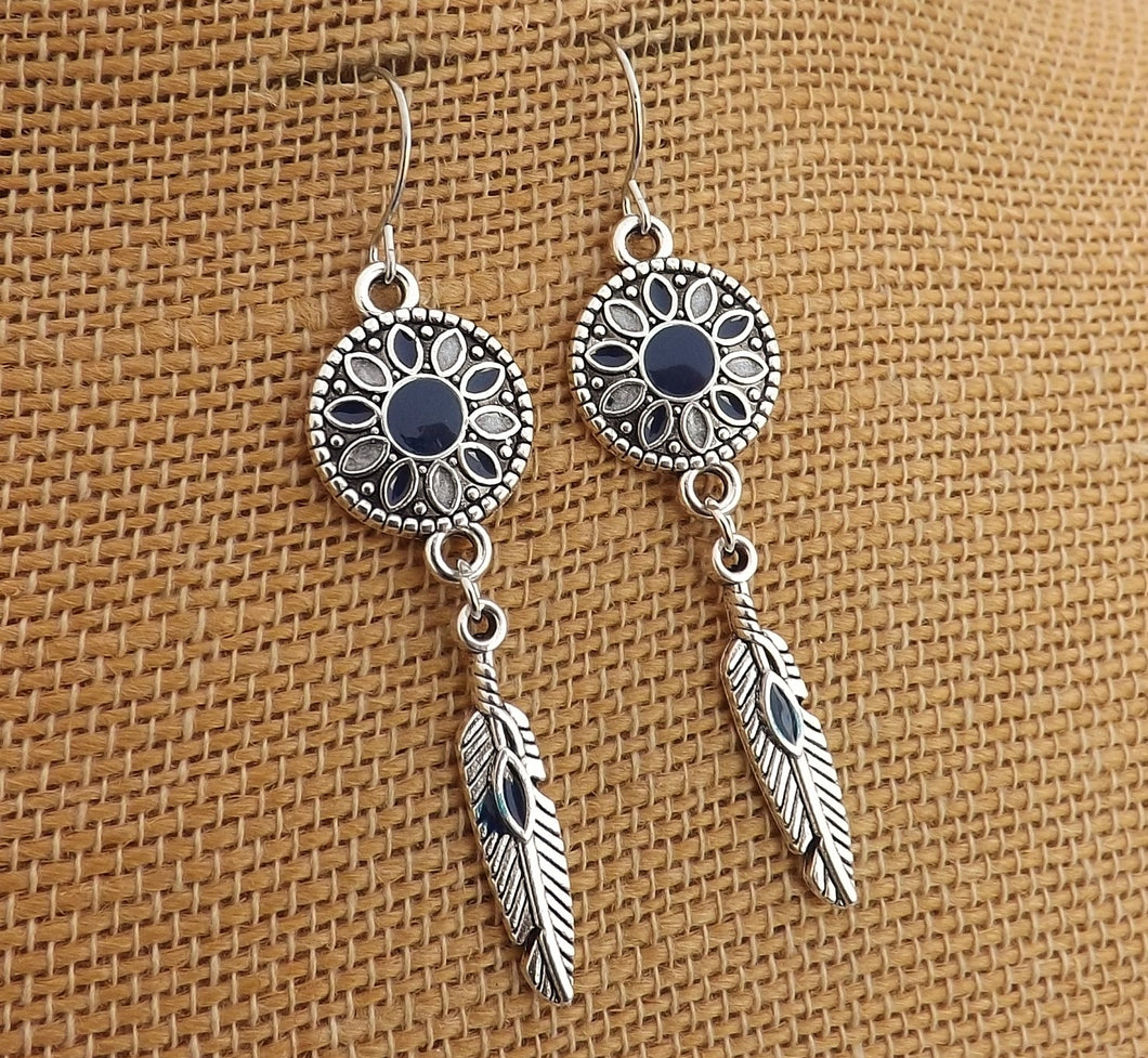 Dark Blue, Grey & Silver Tone Flower & Feather Drop Earrings